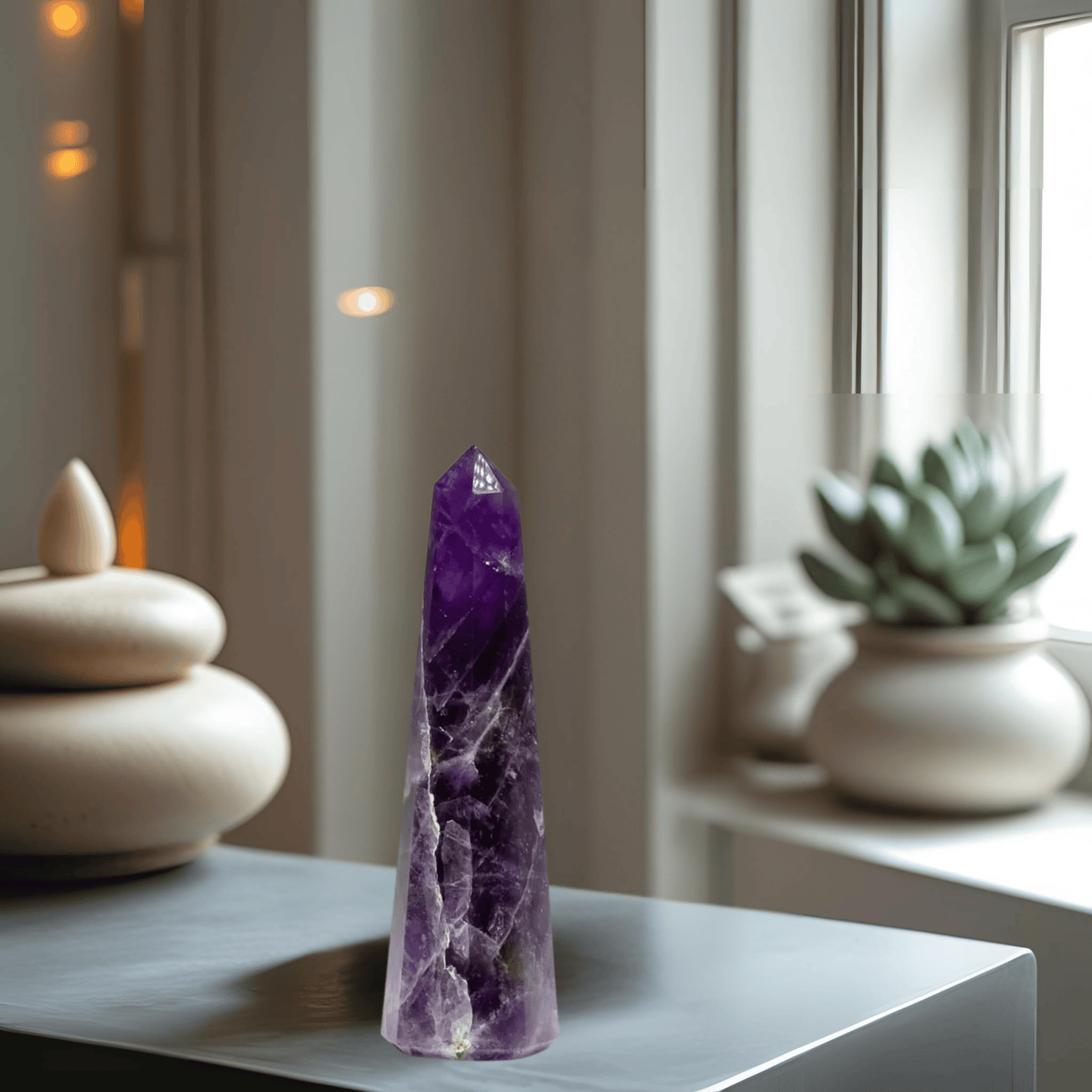 Purple crystal obelisk on a white surface with a blurred indoor background