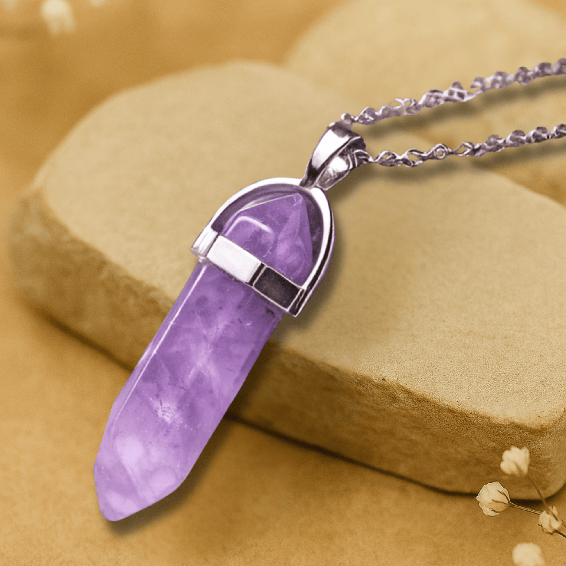 Amethyst purple point pendant with a horseshoe alloy silver holder  connecting  to a silver chain draped over brown slate