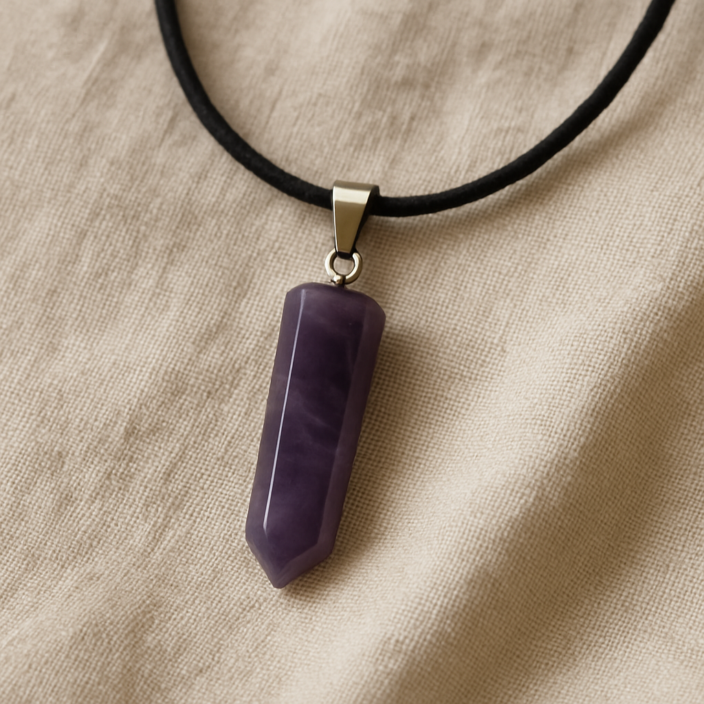 Purple pendant on a black cord against a beige fabric background