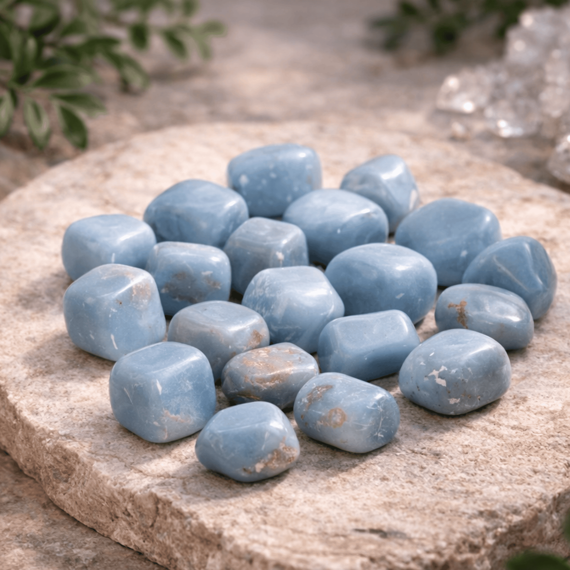 Collection of blue stones, Angelite, on a stone surface with blurred greenery in the background