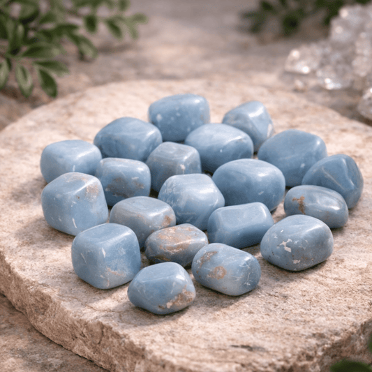Collection of blue stones, Angelite, on a stone surface with blurred greenery in the background