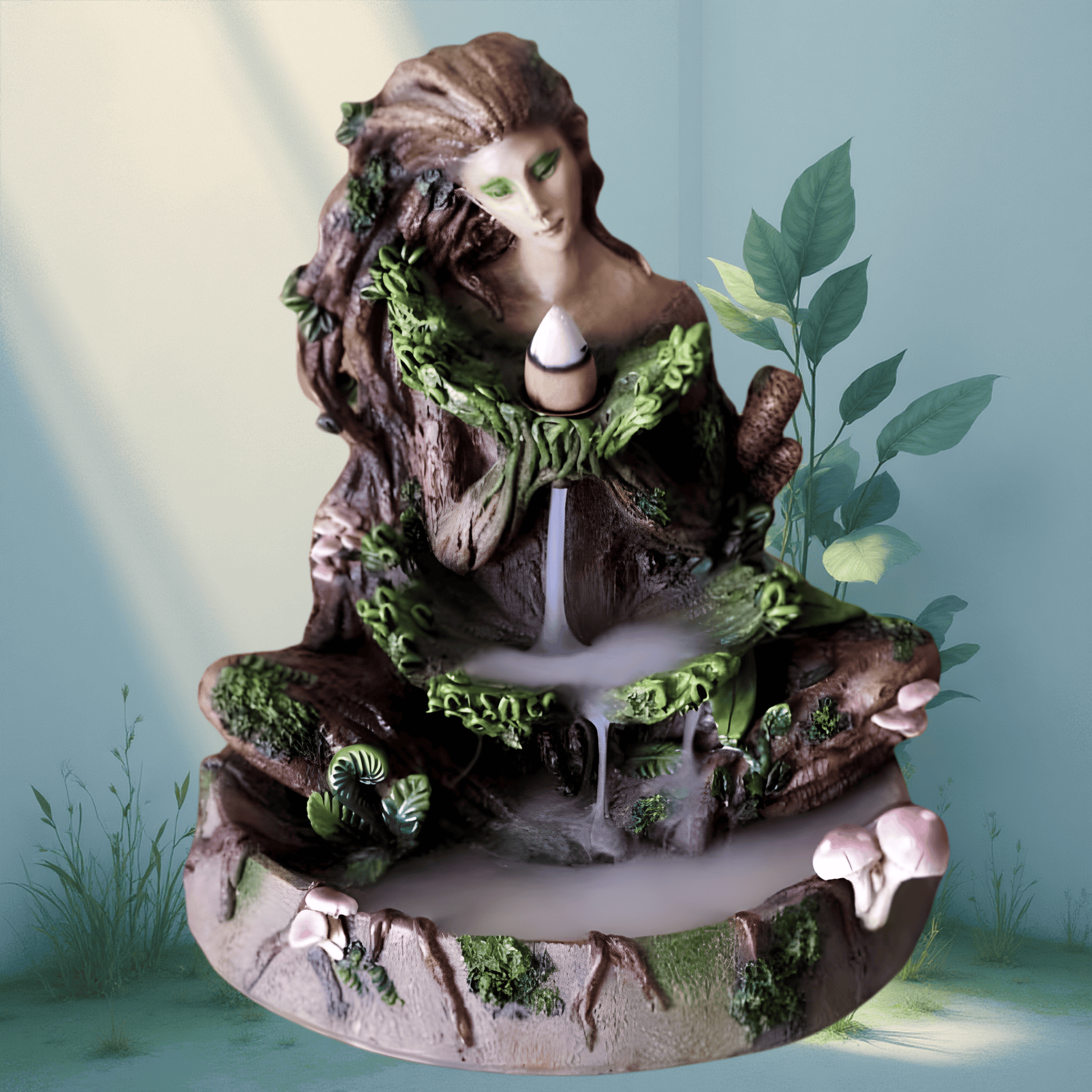 Decorative fountain sculpture of a woman with natural elements on a light blue background