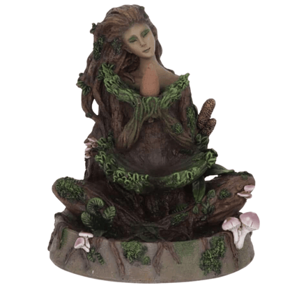 Statue of a woman intertwined with nature elements on a white background