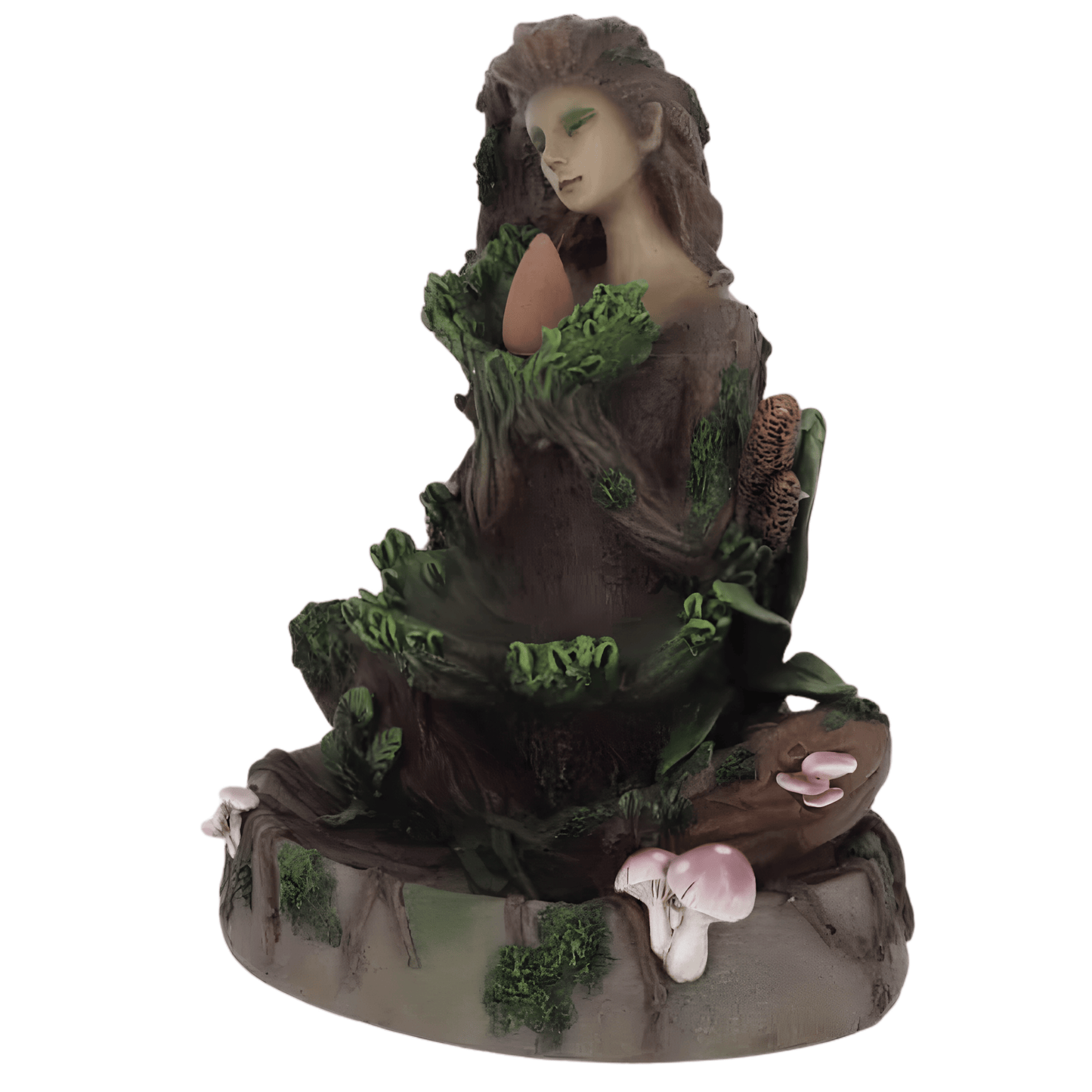 Statue of a woman with natural elements on a white background