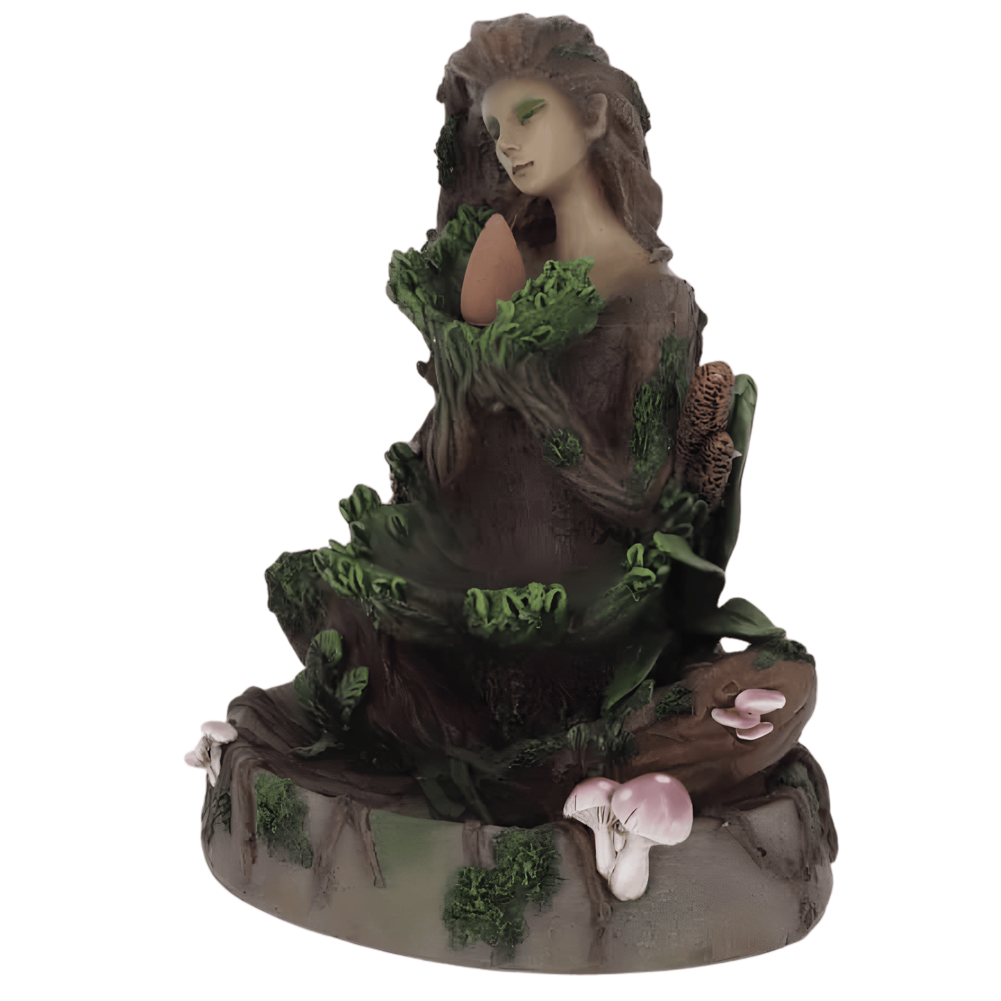 Statue of a woman with natural elements on a white background