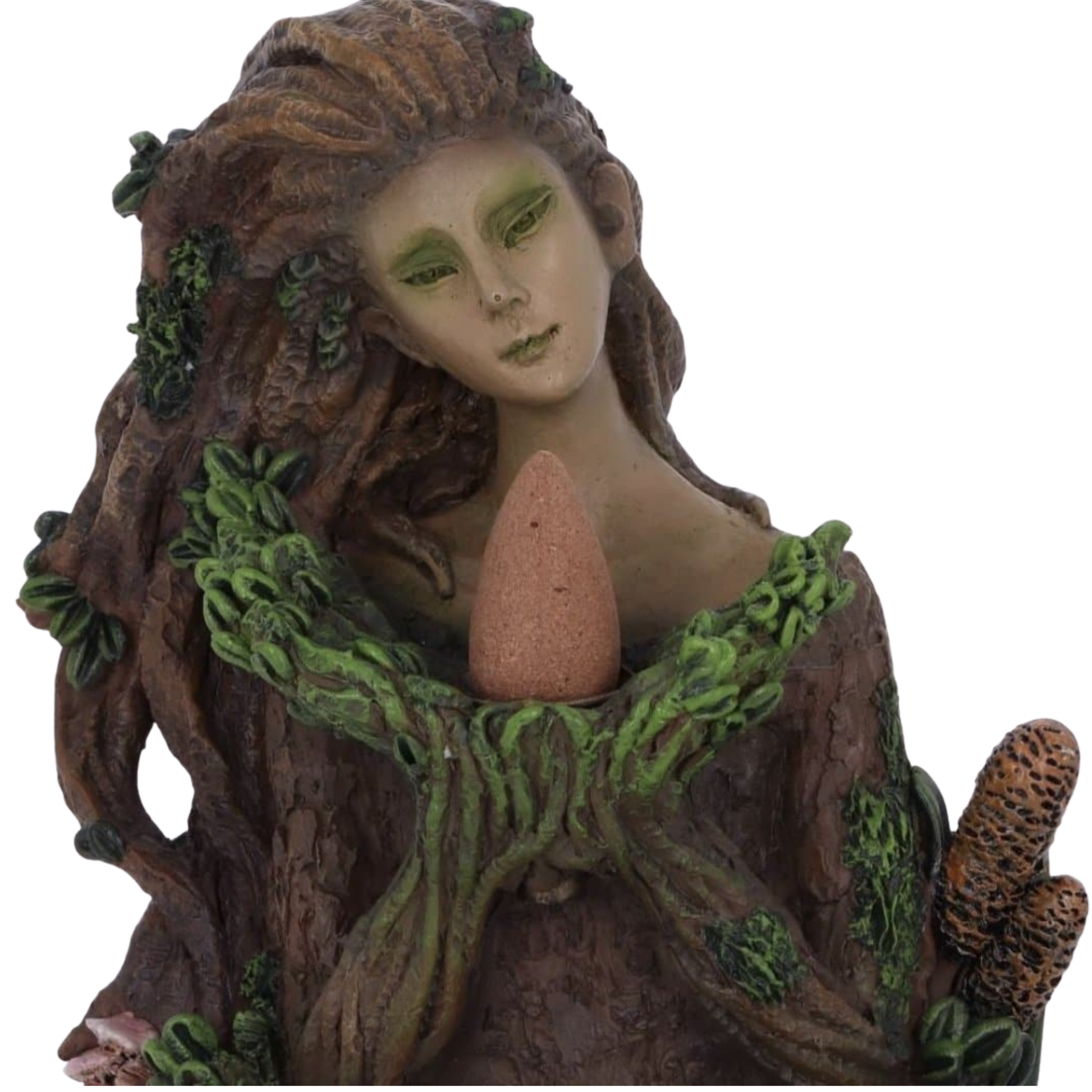 Statue of a nature-themed figure with green hair and leaves, holding a cone-like object.