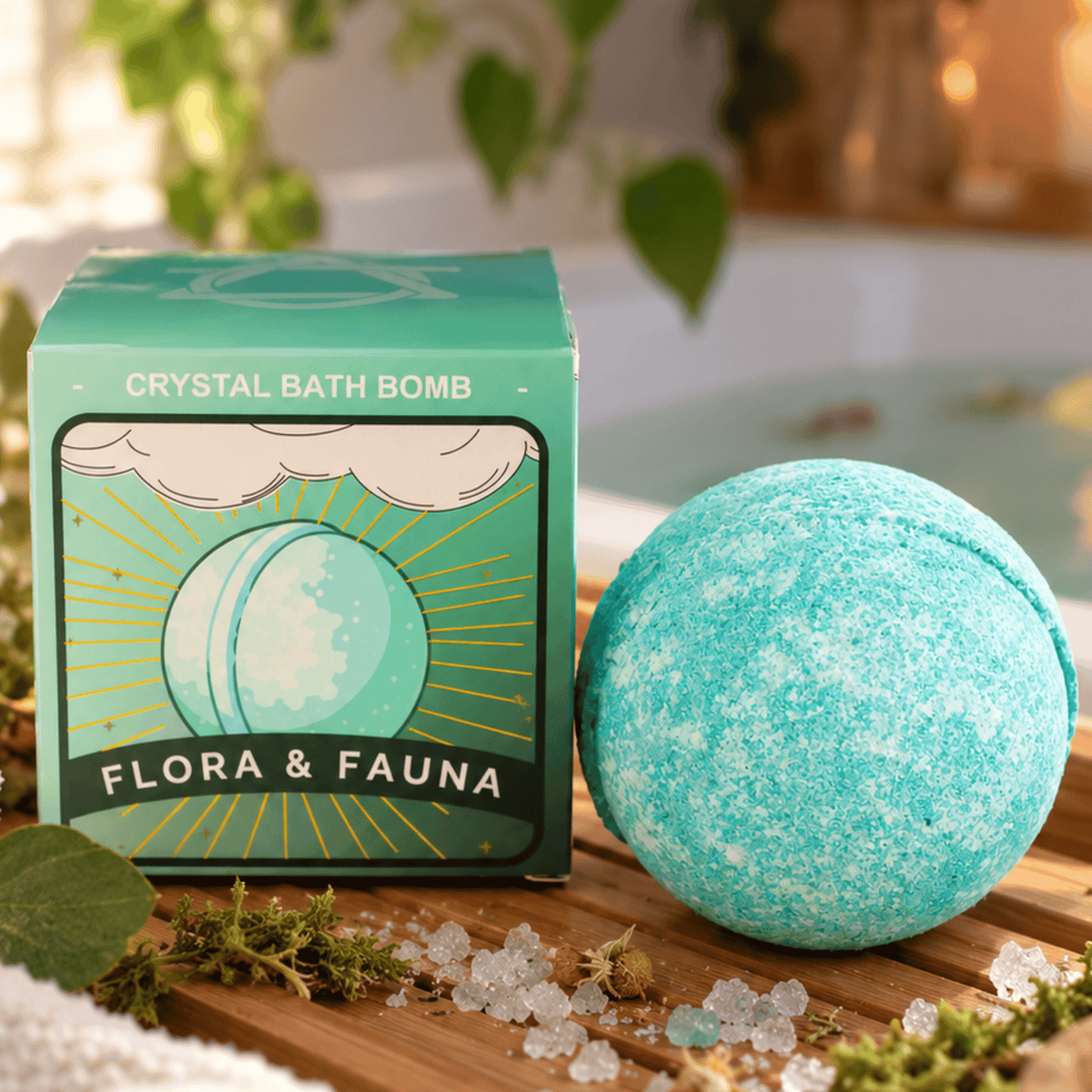 A turquoise crystal bath bomb sits beside its matching green and yellow illustrated box on a wooden surface, with bath salts and leaves nearby in a softly blurred bathroom setting.