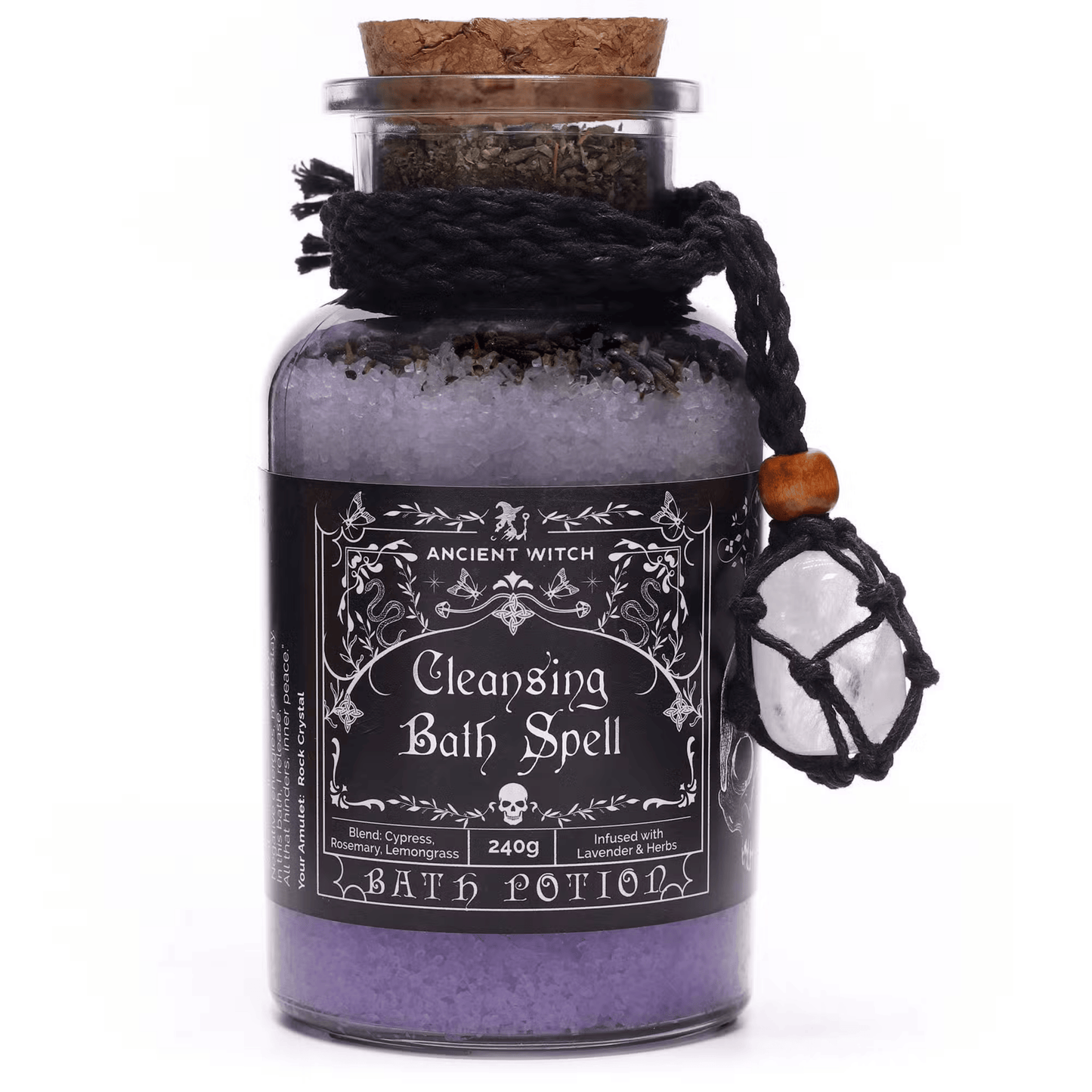 Bottle labeled 'Cleansing Bath Spell' with a label and decorative elements on a white background