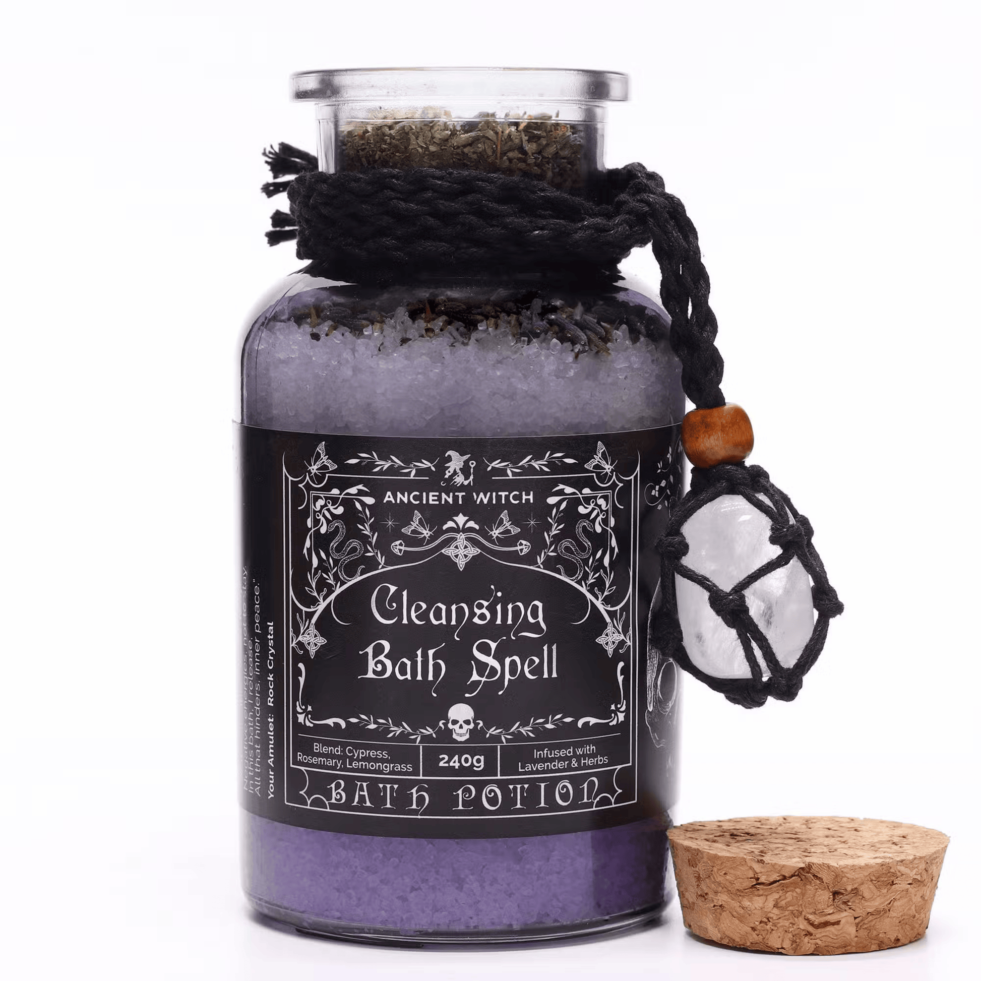 Bath potion labeled 'Cleansing Bath Spell' with a label and cork on a white background
