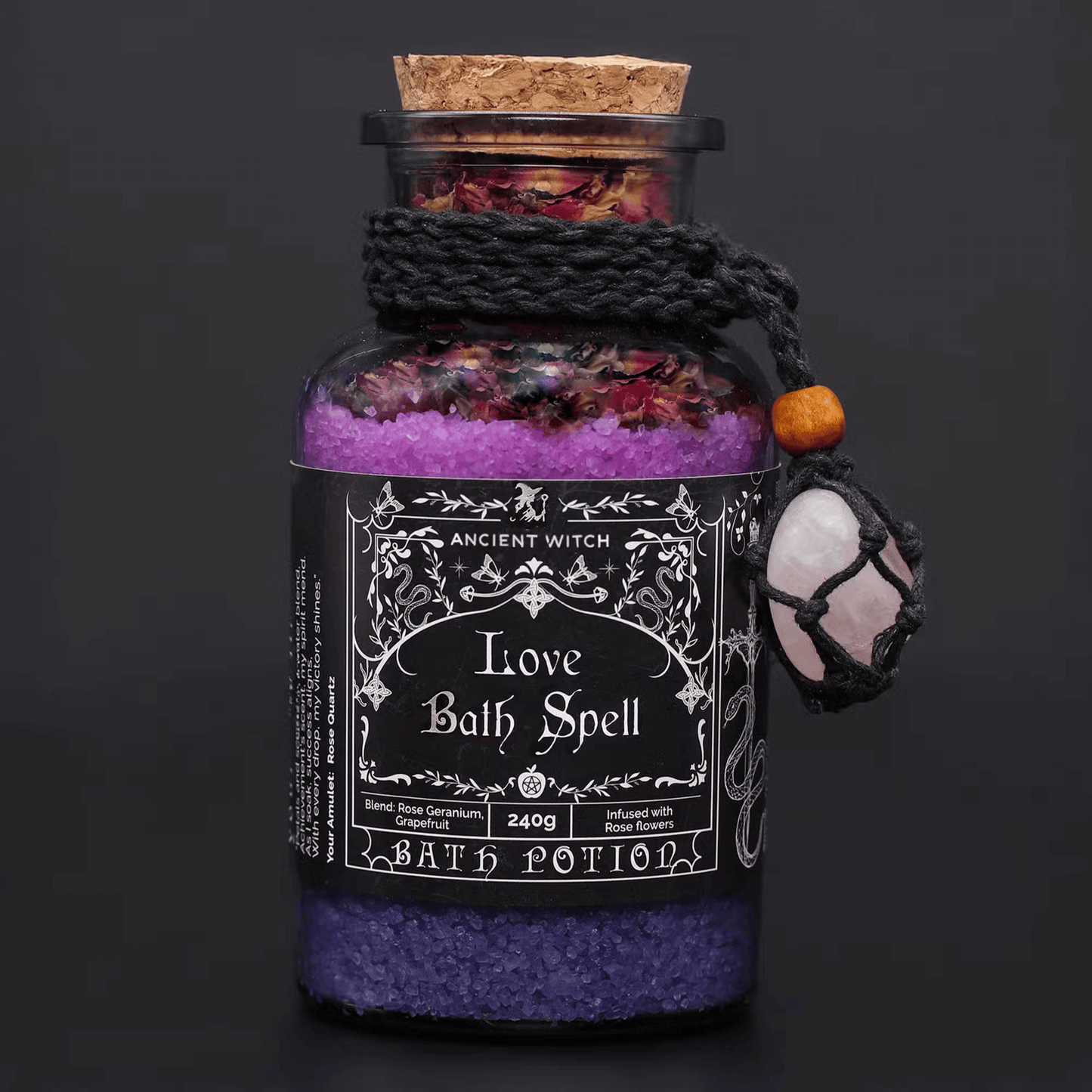 Bath potion labeled 'Love Bath Spell' from 'Ancient Witch' on a dark background