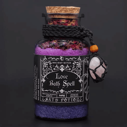 Bath potion labeled 'Love Bath Spell' from 'Ancient Witch' on a dark background