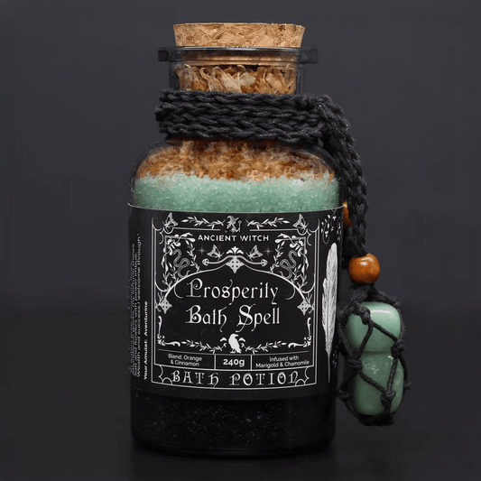 Bottle of 'Prosperity Bath Spell' bath potion with decorative label on a dark background