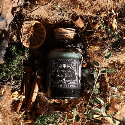 Vintage-style potion bottle with decorative label on a natural background