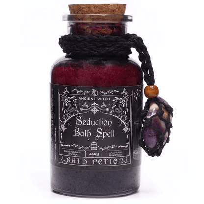 Bath potion labeled 'Seduction Bath Spell' from Ancient Witch on a white background