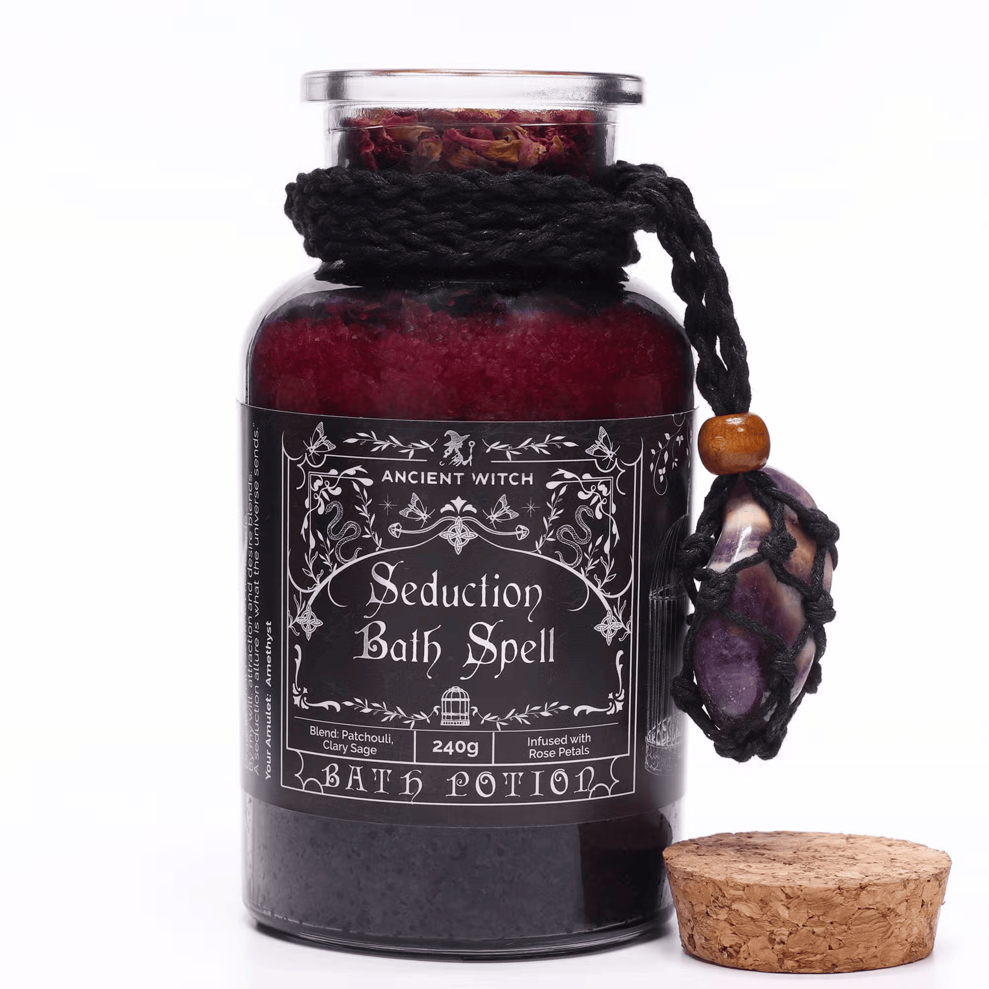 Bath potion labeled 'Seduction Bath Spell' with decorative elements on a white background