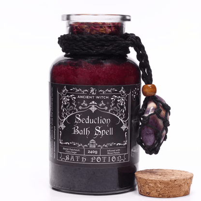 Bath potion labeled 'Seduction Bath Spell' with decorative elements on a white background