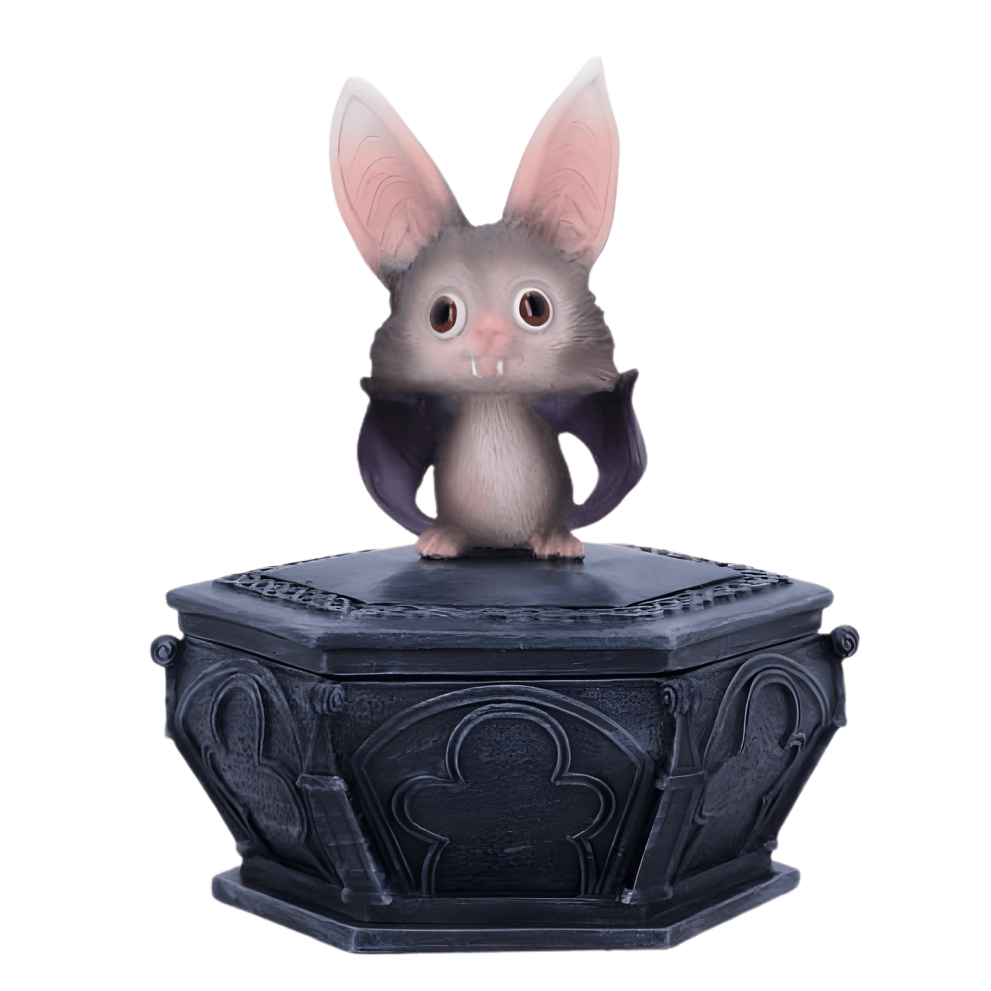 Small bat creature with large ears on a decorative black base against a white background