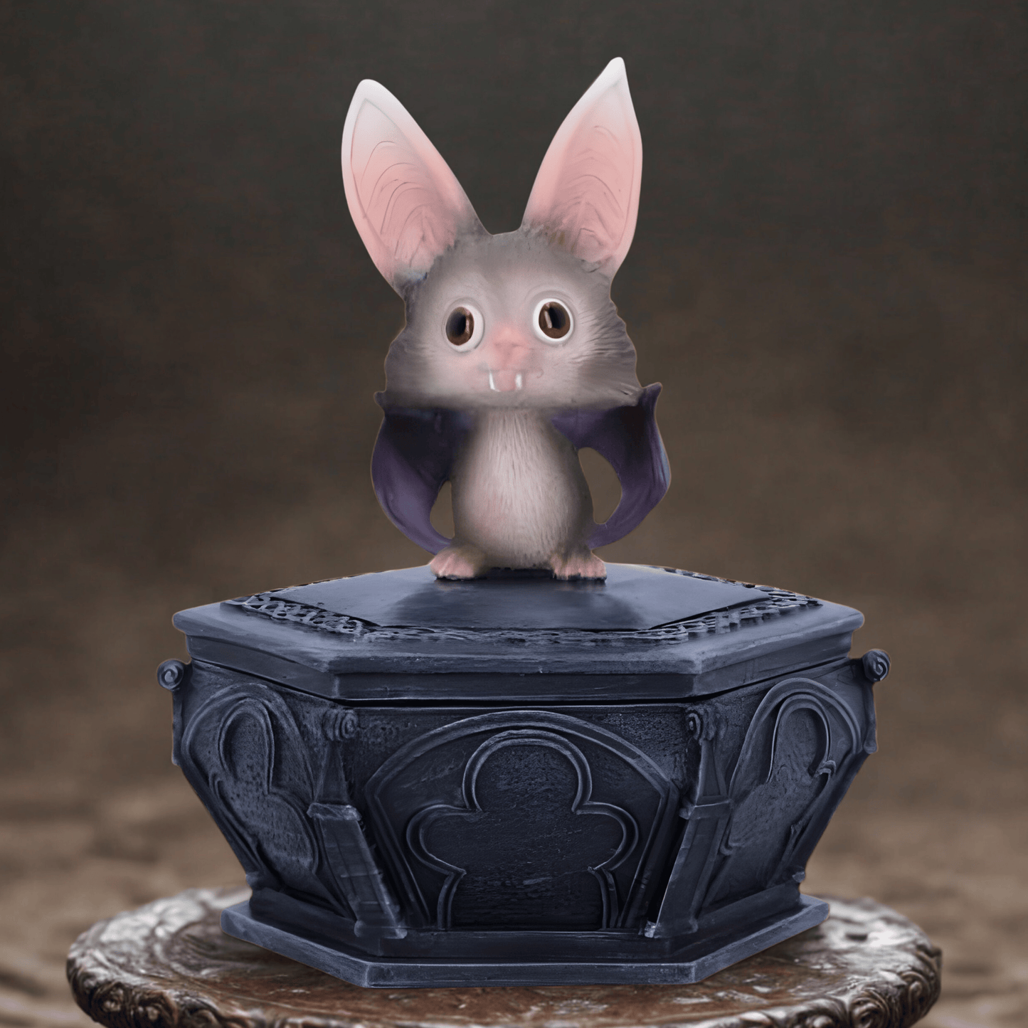 Small bat with large ears on a decorative black box against a dark background