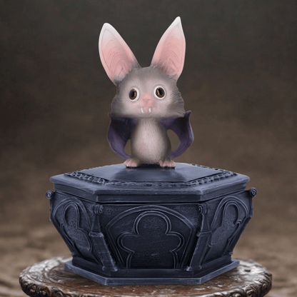 Small bat with large ears on a decorative black box against a dark background