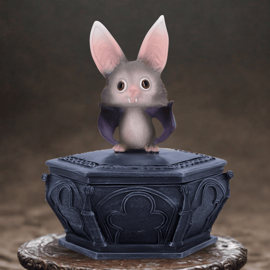 Small bat with large ears on a decorative black box against a dark background