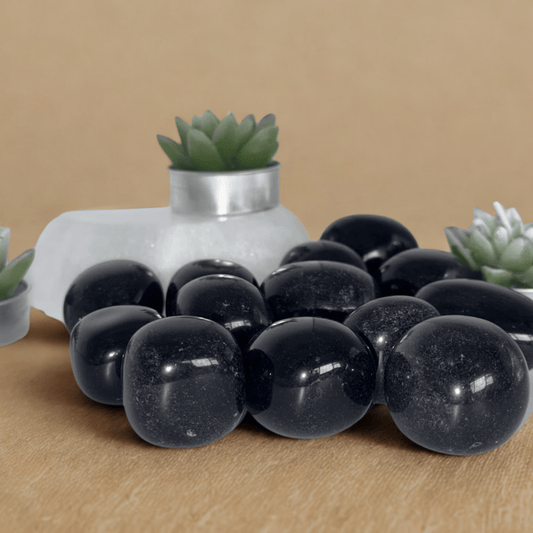 Black Obsidian tumblestones with a white selenite bowl and succulents on a brown background