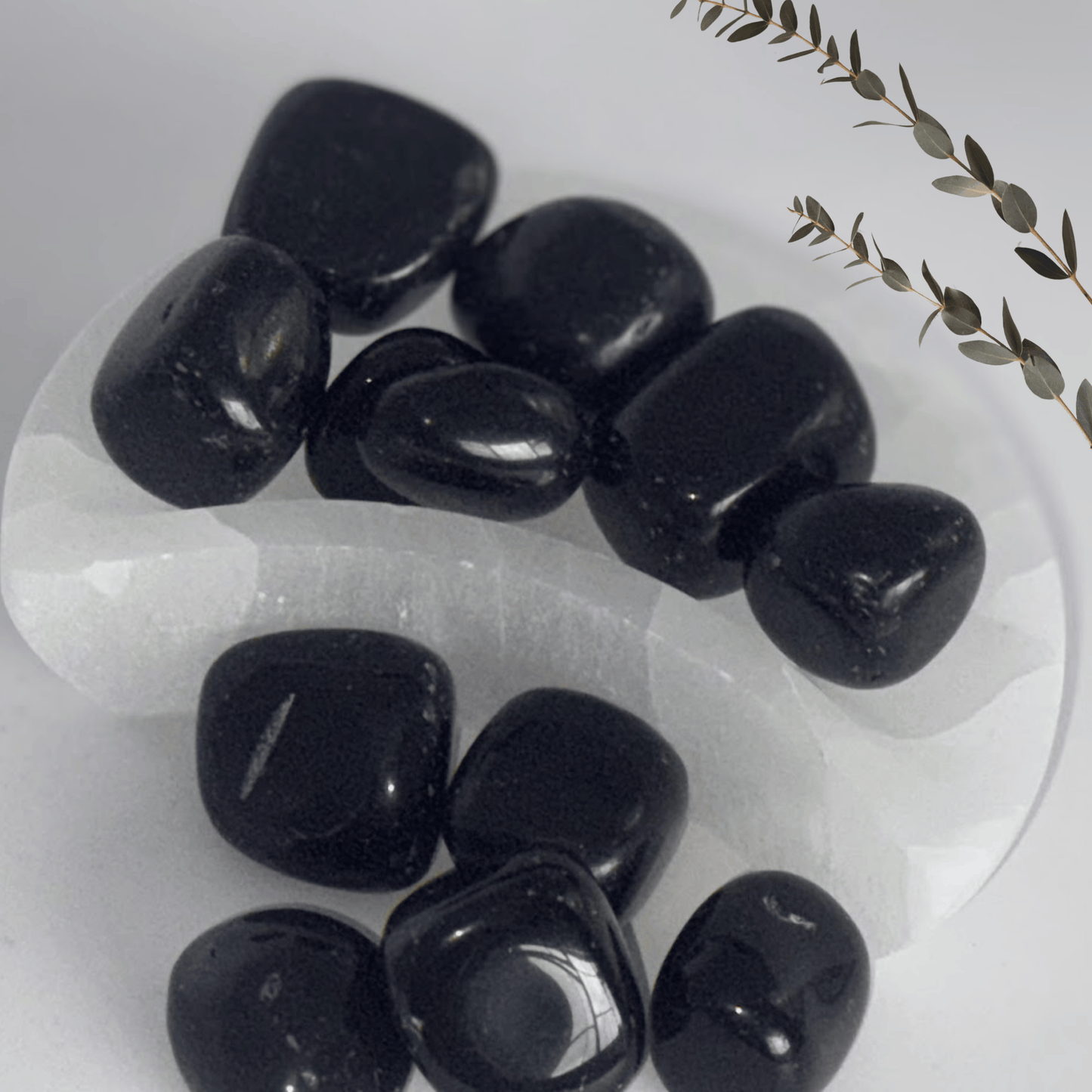 Black Obsidian stones on a selenite Moon Bowl with a minimal background