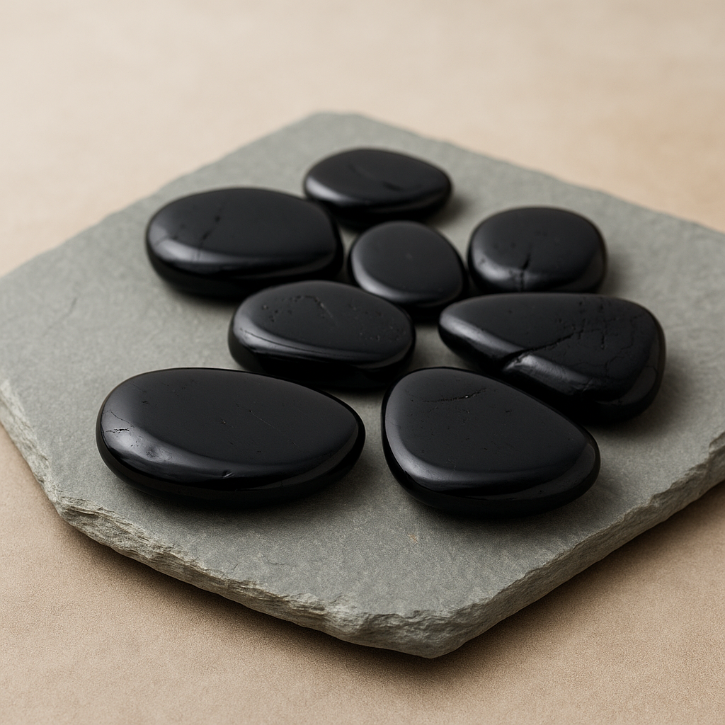 Black tourmaline stones on a gray stone surface