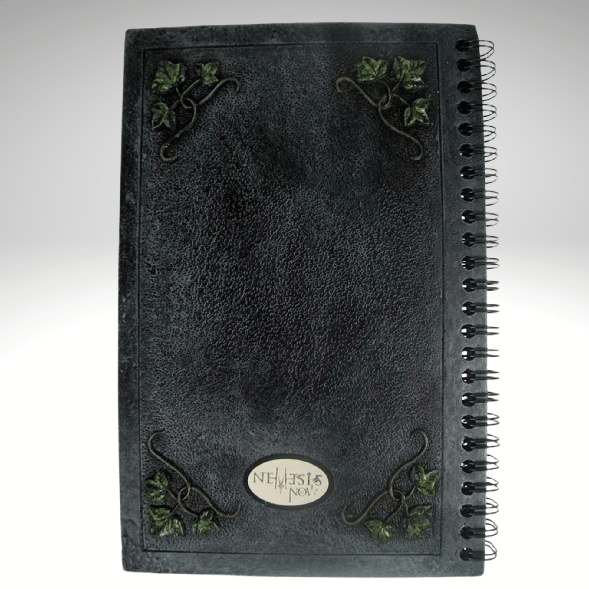 Back cover. Dark gray resin cover heavy journal with decorative ivy elements on a white background