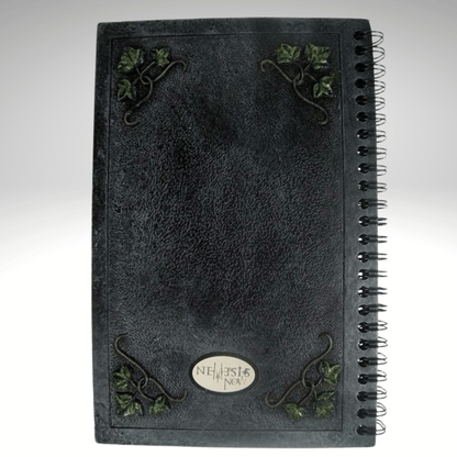 Back cover. Dark gray resin cover heavy journal with decorative ivy elements on a white background