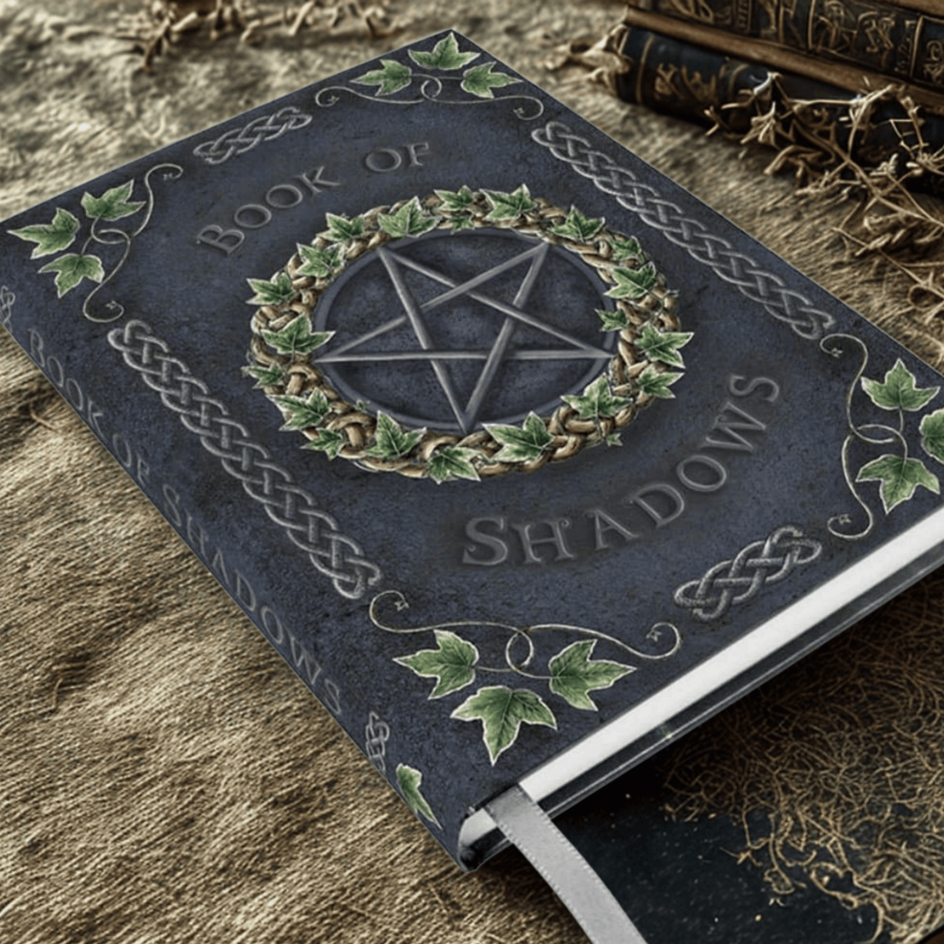 Book titled 'Book of Shadows' with pentagram design on a textured surface
