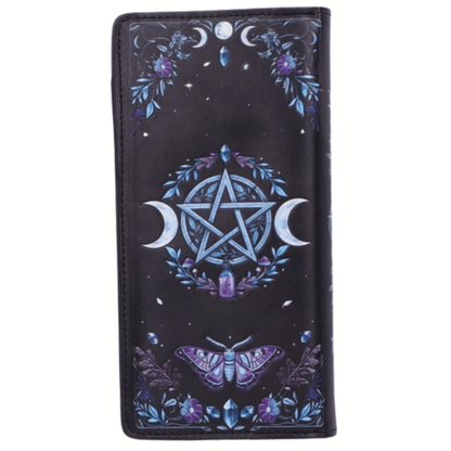 Phone case with celestial design featuring a pentagram, moons, and flowers on a black background.