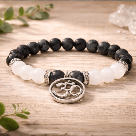 LABRADORITE & WHITE AGATE BRACELET WITH OM CHARM – Protection Balance & Spiritual Energy
