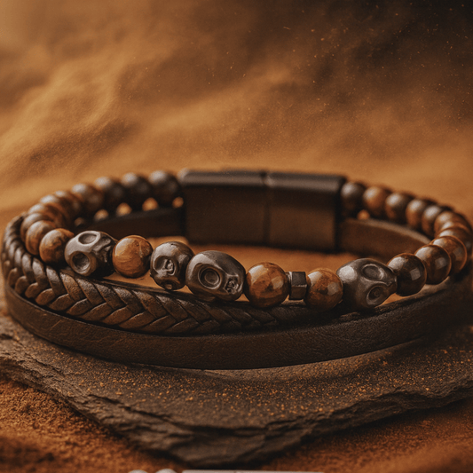 BRACELET NOXIS BLACK & BROWN LEATHER - A-Grade Tiger Eye (18 cm)