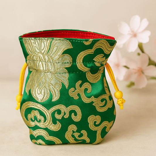 GREEN BROCADE BAG WITH RED LINING
