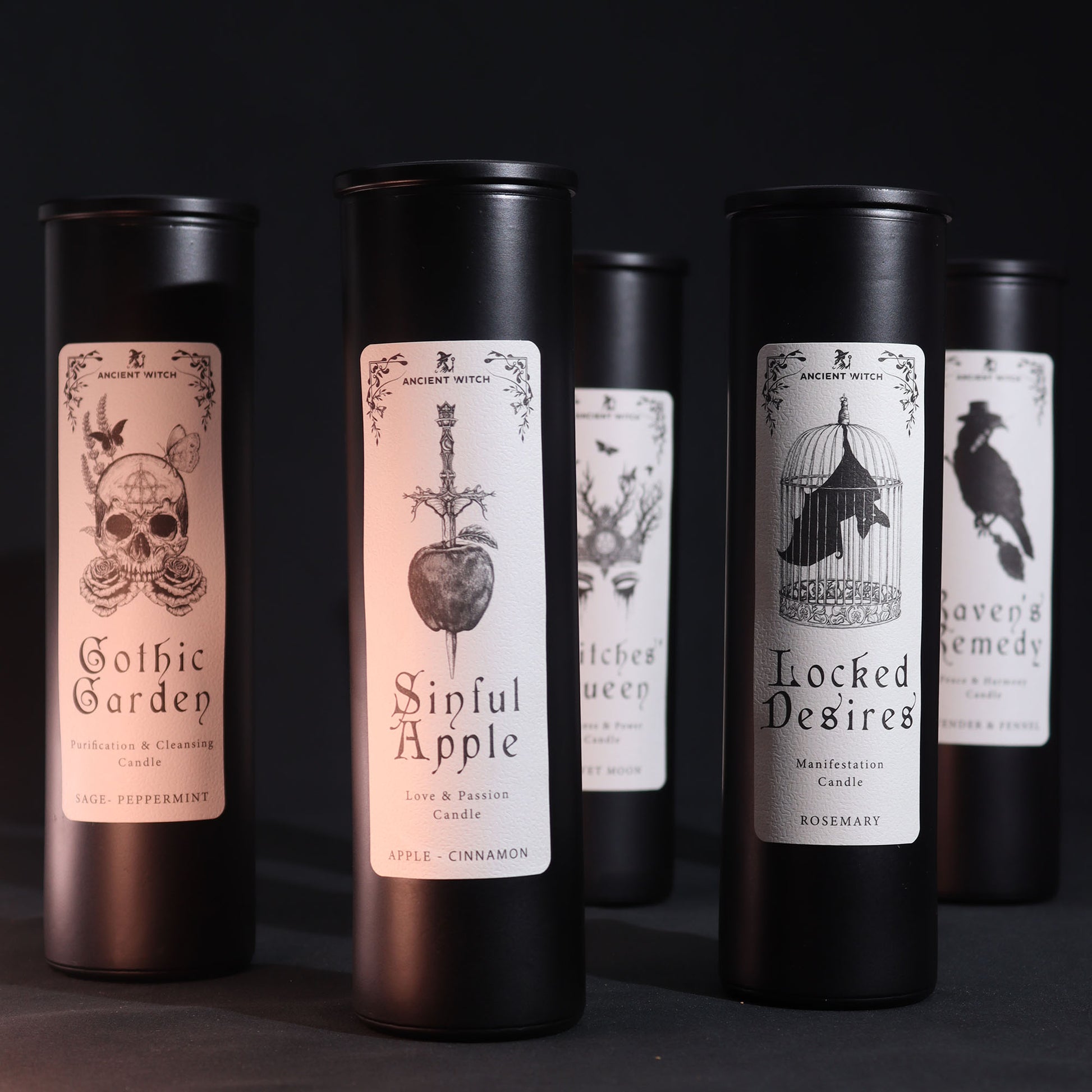 Ancient Witch Candle collection by Spirit & Shadow – five Gothic designs and included ritual spell card