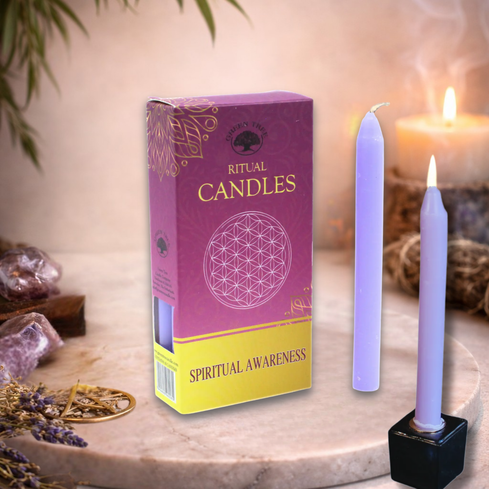 Purple spiritual awareness ritual candles with crystals and incense, meditation and intuition setting