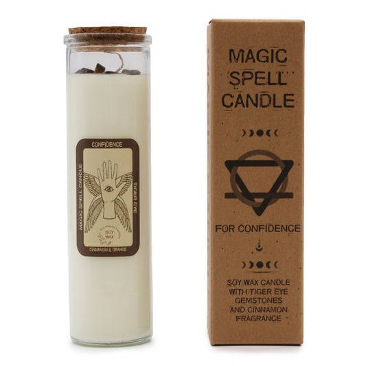 MAGIC SPELL CANDLE –CONFIDENCE Tiger Eye Crystals & Cinnamon-Orange Scent - Spirit And Shadow