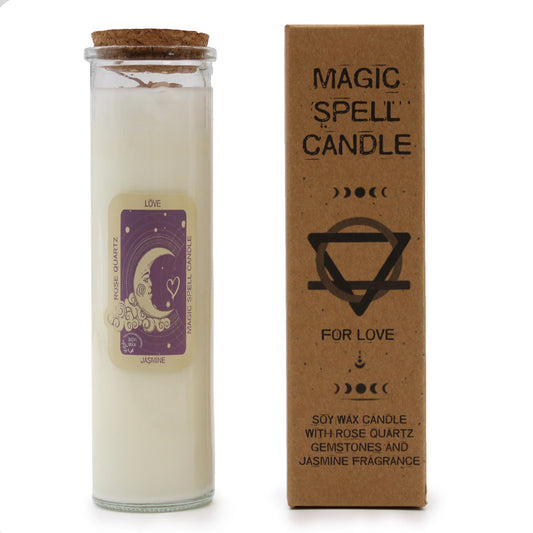 MAGIC SPELL CANDLE- LOVE Soy Wax with Rose Quartz Crystals & Jasmine Scent - Spirit And Shadow