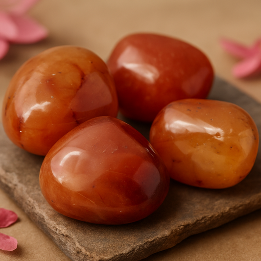 Four polished red-orange carnelian stones on a stone surface with pink petals around.