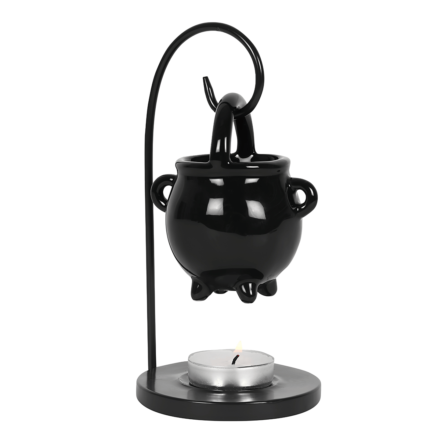 Black cauldron-shaped candle holder with a matching curved stand and a small lit tealight candle, shown on a plain white background.
