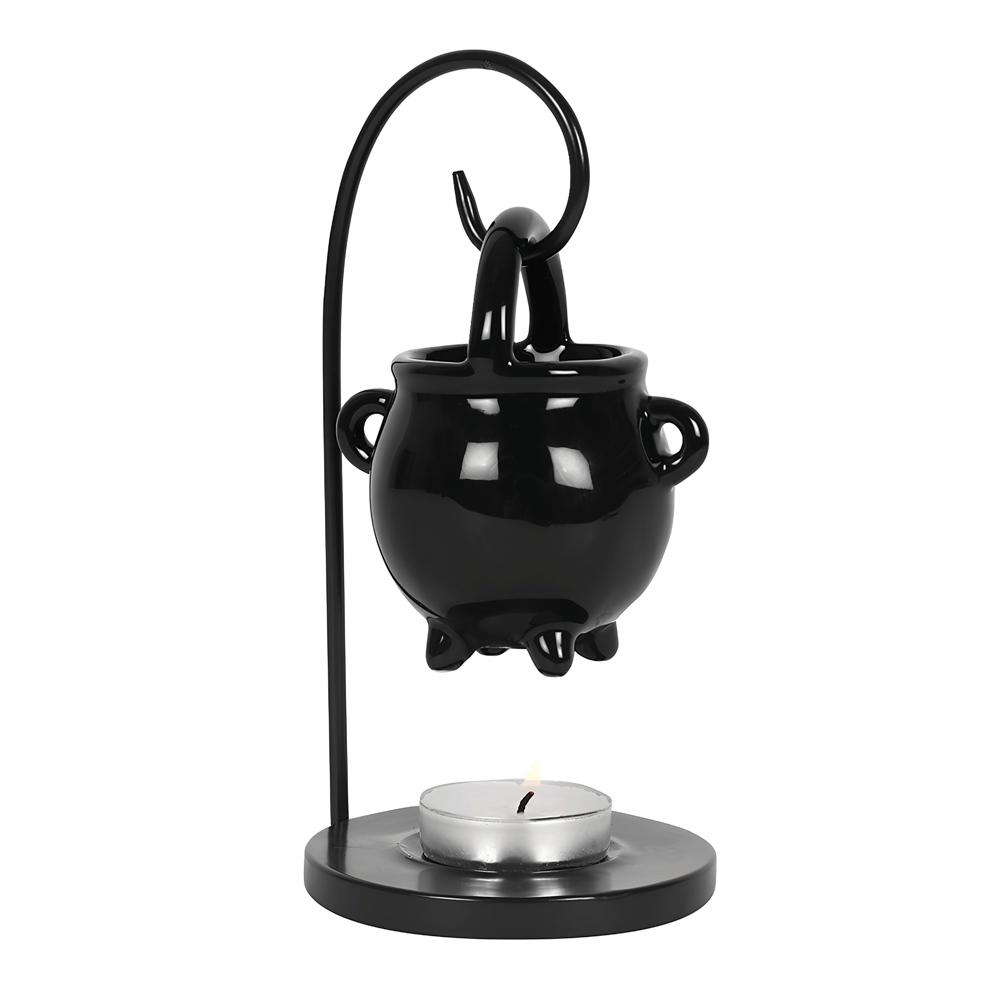 Black cauldron-shaped candle holder with a matching curved stand and a small lit tealight candle, shown on a plain white background.