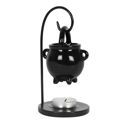 Black cauldron-shaped candle holder with a matching curved stand and a small lit tealight candle, shown on a plain white background.