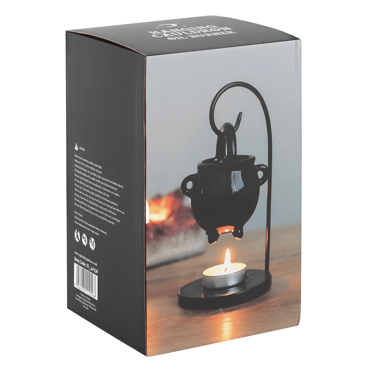 Black decorative lantern with a candle on a product packaging box.