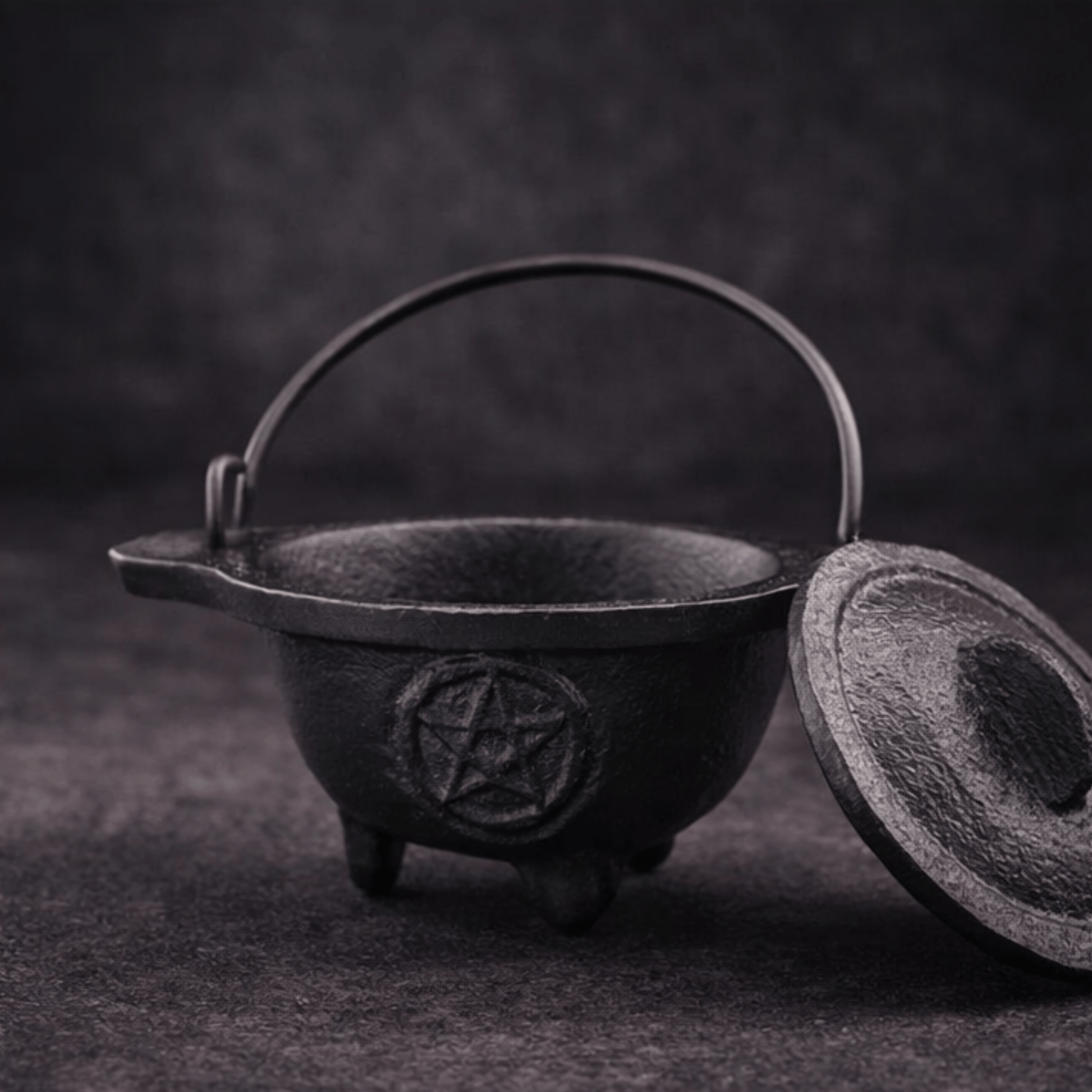 Small black cauldron with a carved pentagram in a circle on the front of it  with the lid laying next to it  on a black surface and black background