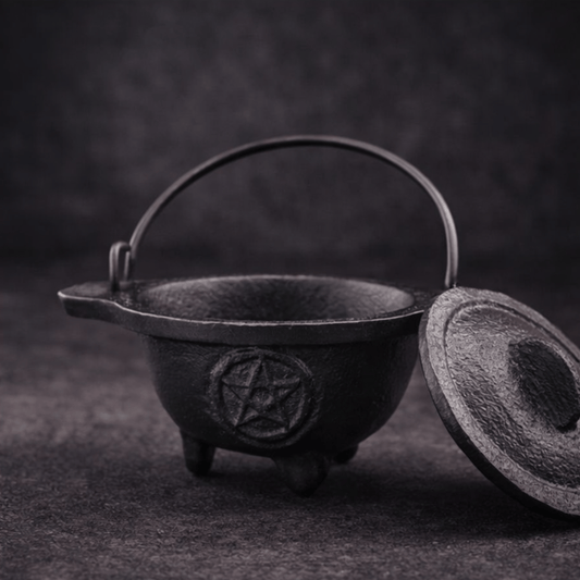 Small black cauldron with a carved pentagram in a circle on the front of it  with the lid laying next to it  on a black surface and black background