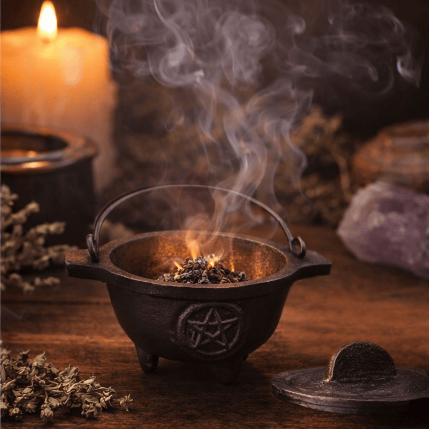 Small black cauldron with a carved pentagram in a circle on the front of it and herbs burning inside it with the lid laying next to it on a wooden table and herbs and crystal and a candle blurred in the background.