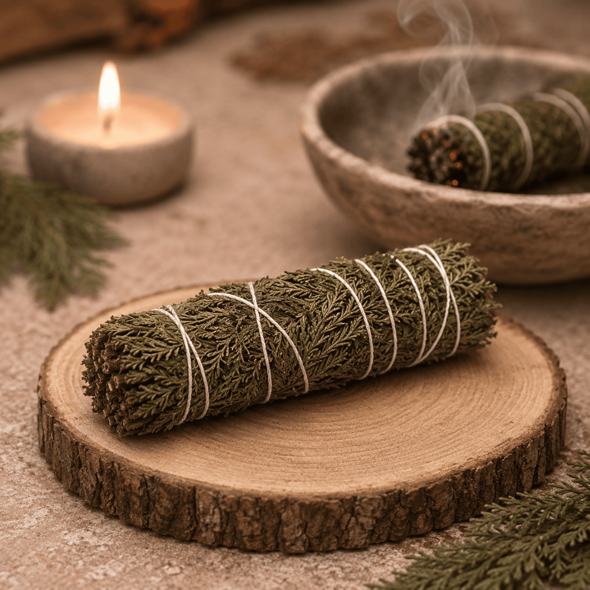 Rolled green cedar on a wooden platter with a candle and bowl in the background