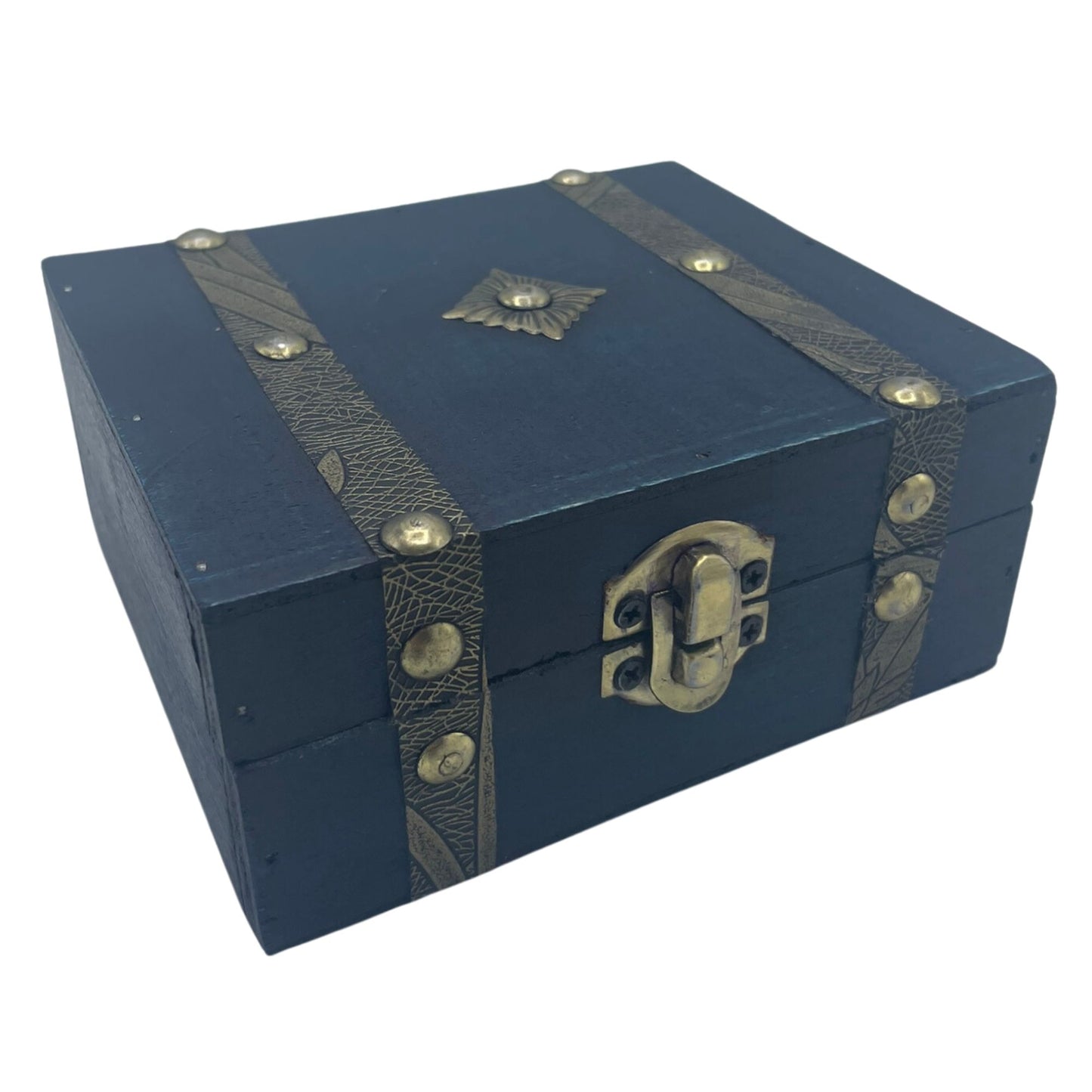 Blue wooden box with brass accents on a white background