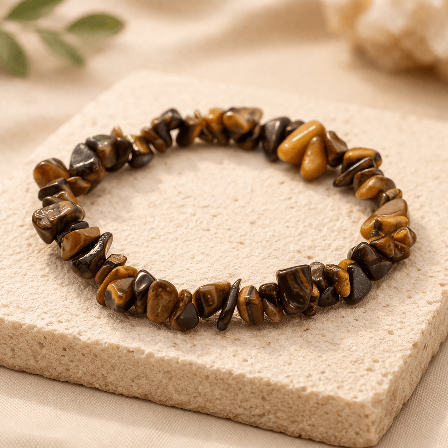 Tiger's eye stone bracelet on a textured surface with a neutral background