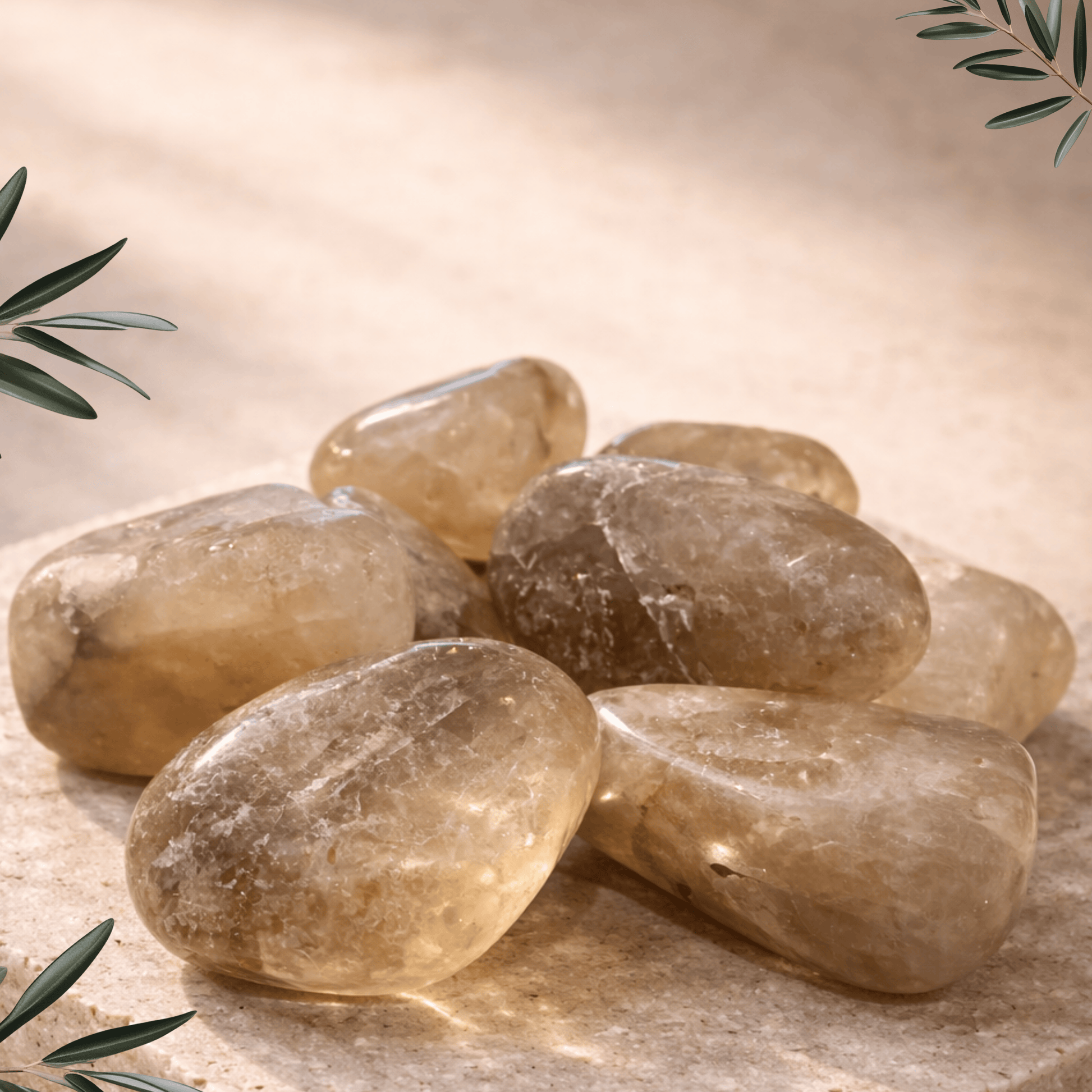 Natural Citrine on a beige surface with green leaves in the background